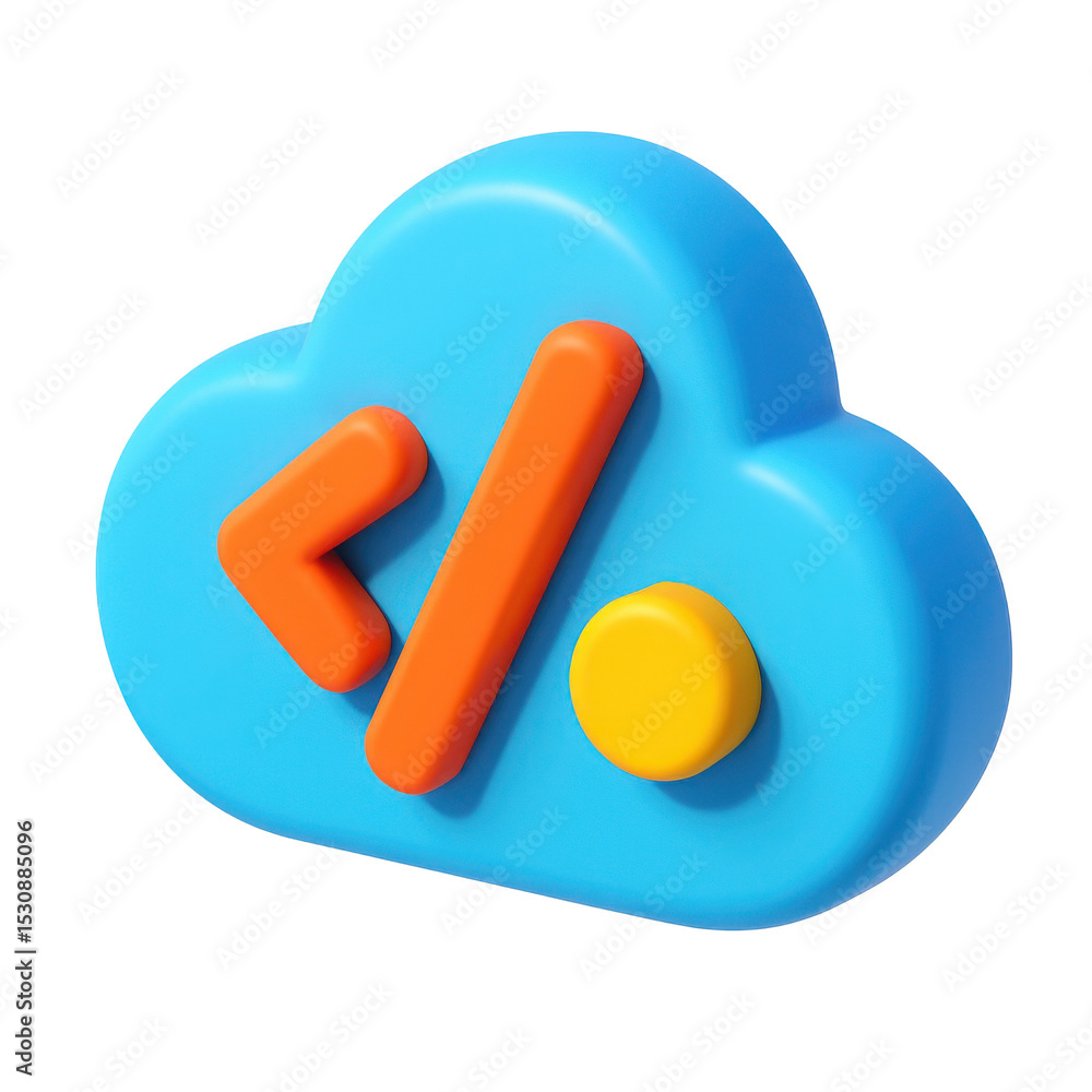 Poster 3d cartoon plastic style cloud computing programming code icon floating on a transparent background,