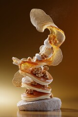 Stacked pancakes with walnuts and caramel sauce, artfully arranged.