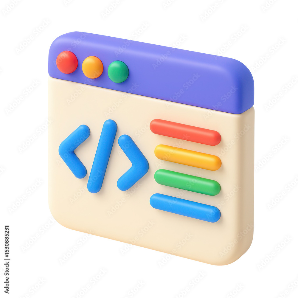 Poster cartoon plastic style icon of a code editor window, with colorful lines of code, ideal for software 