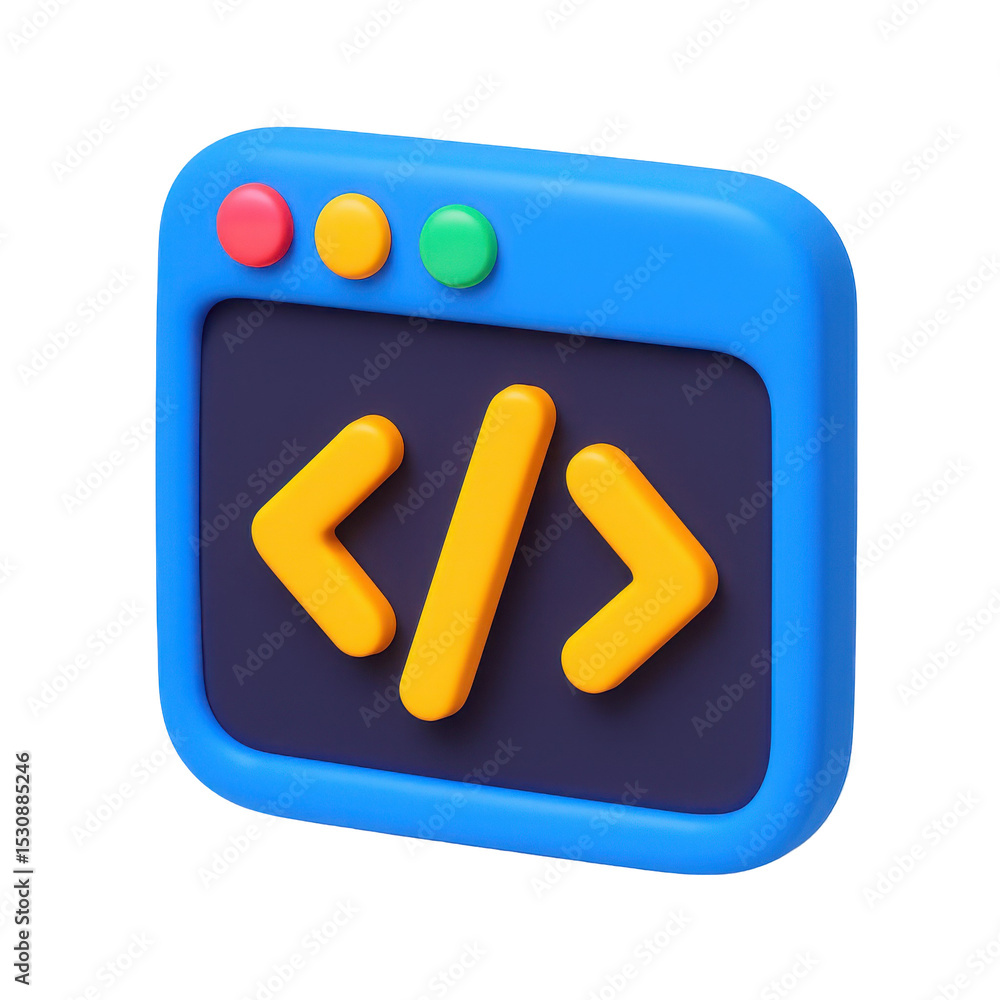 Poster cartoon 3d code brackets icon inside browser window, representing software development and programmi