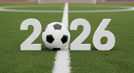 A soccer ball placed on a green field with the numbers 2026 beside it. The scene represents the upcoming soccer events and sports culture.
