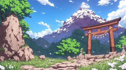 Serene Mountain Landscape with Torii Gate