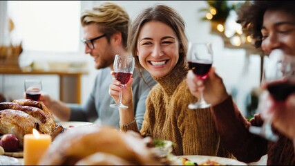 Group of diverse friends enjoying a warm Thanksgiving dinner. They are smiling and toasting with wine, sharing joy and gratitude around a festive table with roasted turkey and candlelight. - Powered by Adobe