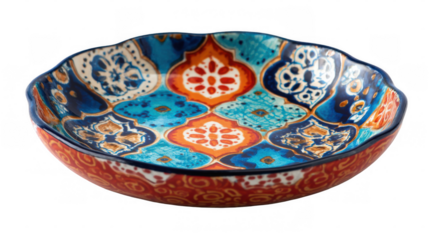 Colorful ceramic dish featuring intricate geometric patterns inspired by traditional tilework, isolated on a transparent background for elegant culinary presentations