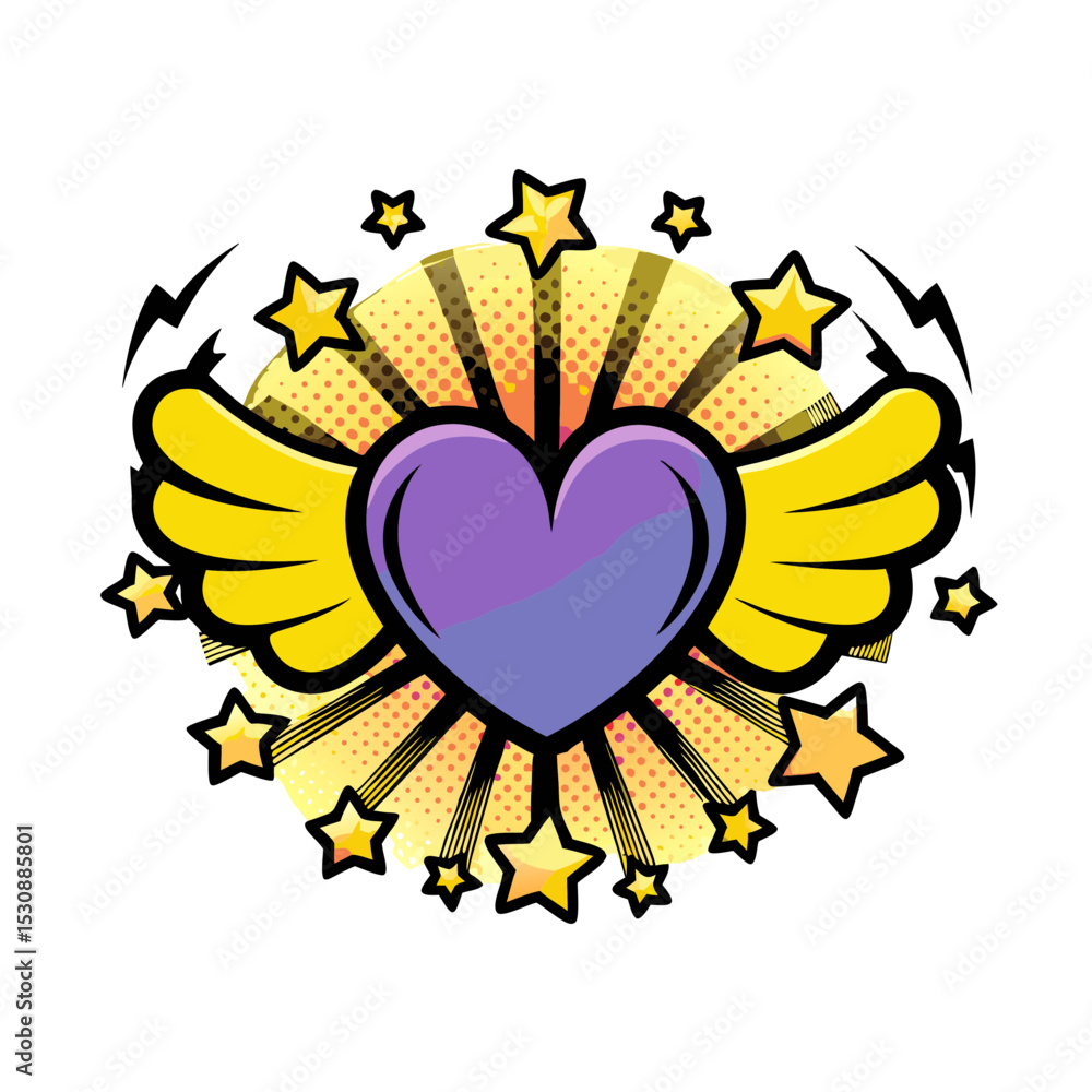 Poster heart with wings in pop art style surrounded by stars and rays, isolated vector image, transparent b