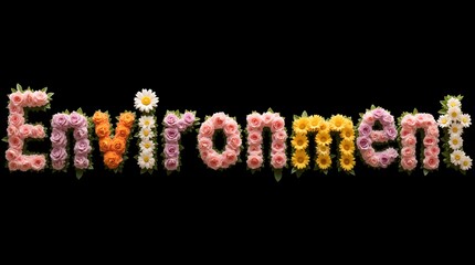 Creative typography spelling “Environment” crafted from blooming flowers, isolated on black background for eco and nature-themed concepts.