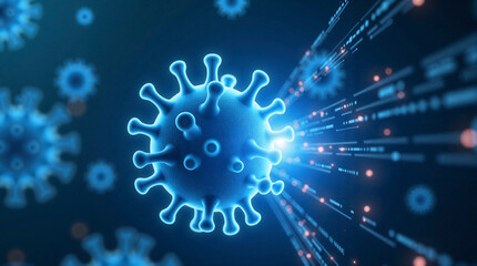 High-detail of a glowing virus particle surrounded by floating digital data streams, representing medical technology and research.