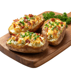Three baked potatoes with cheese bacon and chives served on a wooden cutting board isolated on black