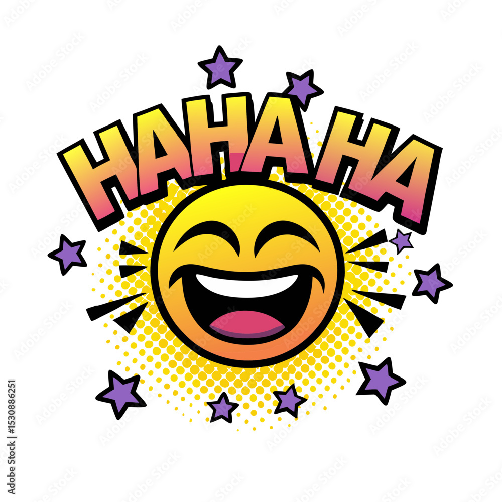 Poster isolated vector image of a laughing emoji in pop art style with stars, transparent background