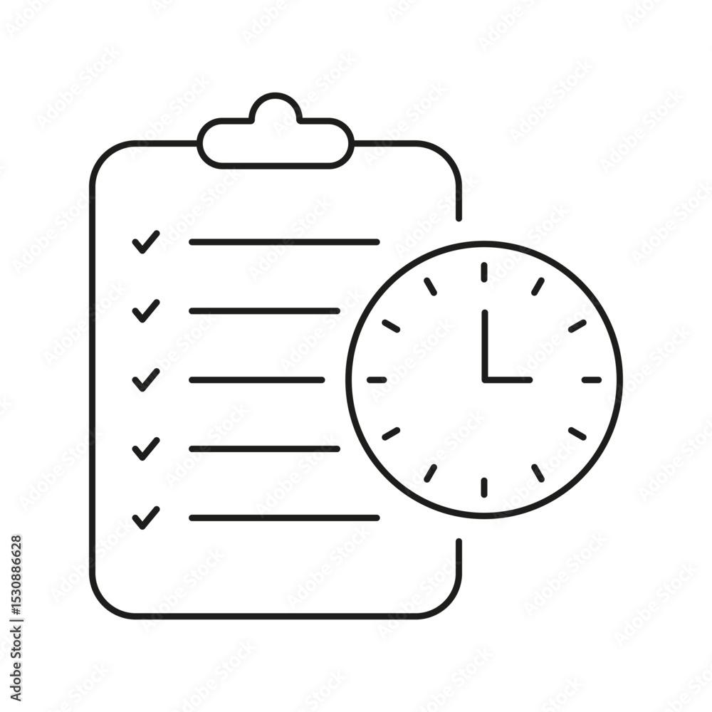 Poster checklist with clock line icon. task management, time tracking, and productivity planning outline sy