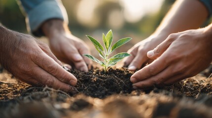 Fototapeta premium Growing together concept with hands of colleagues placing soil around young plant..