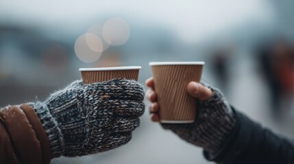 Hands of two men lifting takeaway cups together in relaxed winter environment..