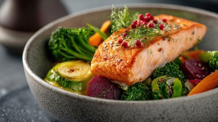 Healthy lifestyle menu with protein-rich salmon and vitamin-packed vegetable bowl..