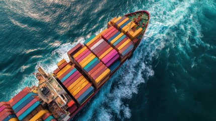 High-angle image of container ship sailing toward horizon, used as backdrop for freight shipping webinar..