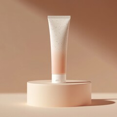 Tube of cosmetic product on podium on beige background, with space for text