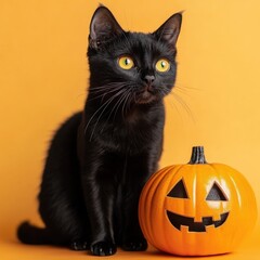 Cute black cat and pumpkin Halloween on orange background.