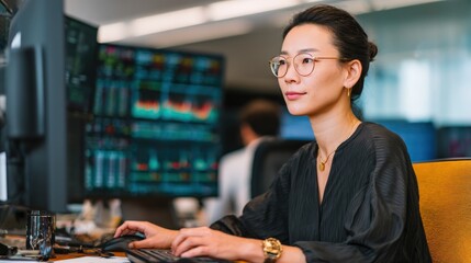 In modern corporate office, Asian businesswoman working on desktop computer, analyzing company data and strategy..