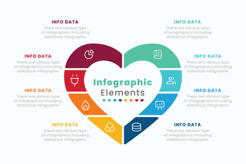 Business infographic template with a heart divided into 8 features of a healthcare program, medical healthcare concept. Blood donation or charity creative, slide template, vector illustration