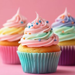 Delicious cupcakes with colorful cream on pink background, closeup with space for text