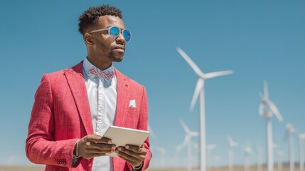 Man in smart casual gear at renewable energy field, using tablet, wind turbines in background..