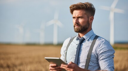 Man in smart casual gear at renewable energy field, using tablet, wind turbines in background..