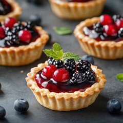 Tartlets with delicious berry filling on grey table, close-up with space for text