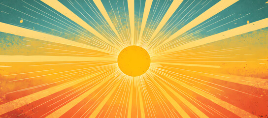 Obraz premium Sun summer pattern, retro ray background, burst sunshine wave line art, abstract groovy texture, radial vintage sunburst, cartoon yellow boho beam. Light geometric psychedelic bg. Vector illustration