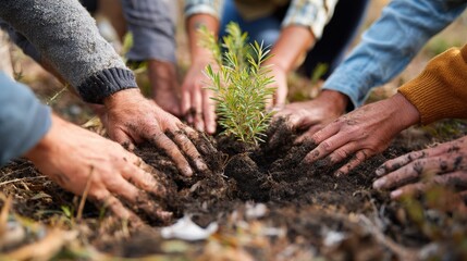 New beginnings shown through group planting activity, symbolizing corporate eco mission..