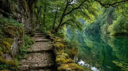 Natural spring landscape with vivid green trees, calm lake, and textured stone path in front..