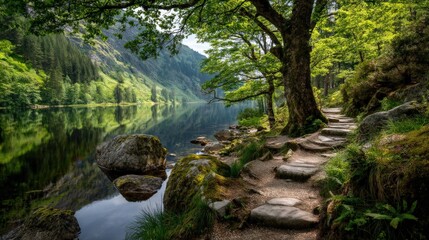 Natural spring landscape with vivid green trees, calm lake, and textured stone path in front..
