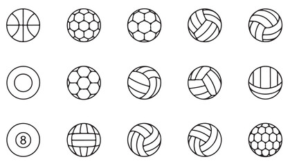 Collection of Black and White Line Art Sport Ball Icons Including Basketball Soccer Football Volleyball and Billiards Ball Illustrations