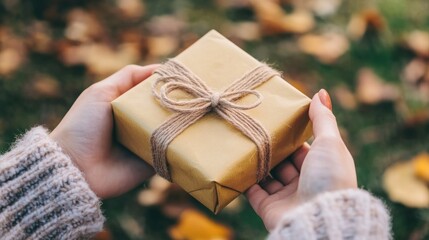 Hands holding a gift box outdoors