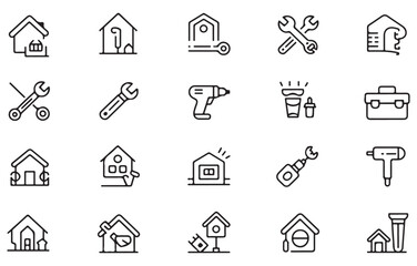 Collection of Twenty Black and White Line Art Icons Depicting Home Repair Tools and House Related Images Including Wrenches Screwdrivers Drills Toolboxes Houses and Birdhouses