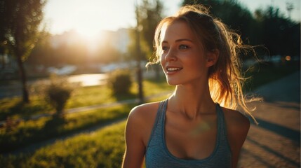 Pretty young blond woman in sportswear jogging through a sunny morning park with a bright smile..