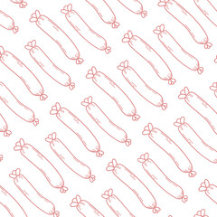 Seamless repeating pattern of hand-drawn red sausages on a white background. Fun and quirky food-themed design suitable for packaging, fabric, kitchen wallpaper, wrapping paper, and culinary projects.