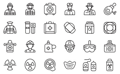 Collection of Black and White Line Icons Depicting Emergency Medical Personnel Safety Equipment and Hazardous Materials Symbols Including Firefighters Paramedics First Responders and Radiation Icons