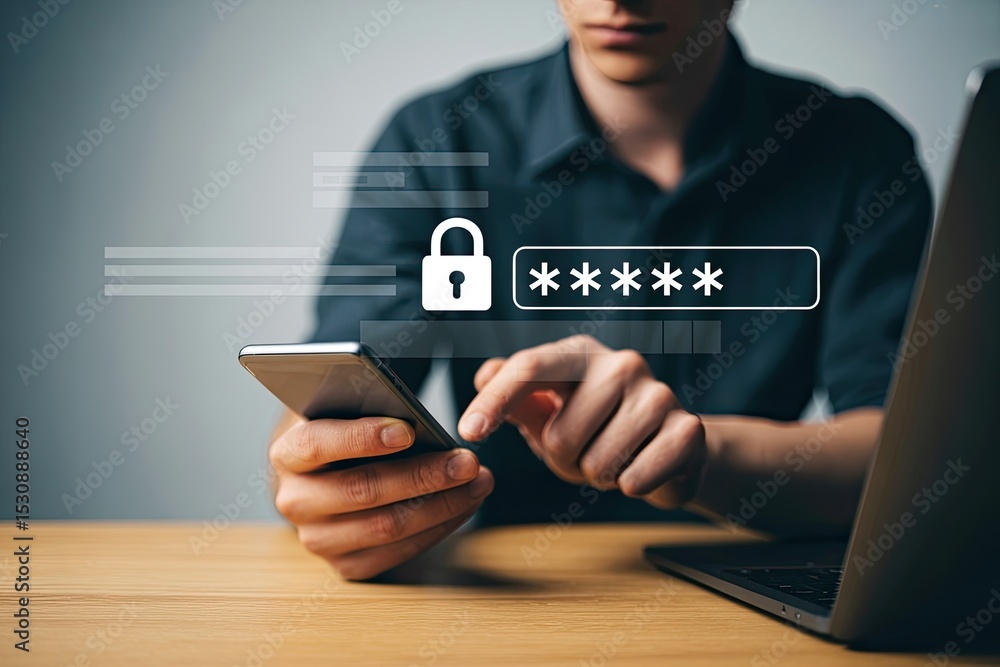 Poster man entering password on laptop and smartphone secure online access
