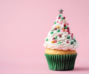 Christmas tree shaped cupcake on pink background with space for text