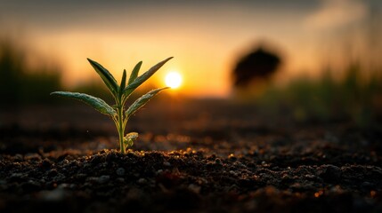 Save the planet theme with close-up of new plant growing in fertile soil during sunrise..