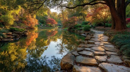 Serene park scene with colorful foliage, still lake water, and sunlit stones paving a quiet path..