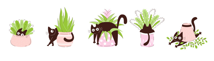 Funny black cats hiding and playing in flower pots with houseplants and cactus. Cute playful pets in pots. Humorous flat vector illustration for cards kids decor stickers posters and prints