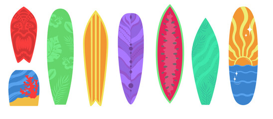  Set of colorful surfboards with unique patterns and shapes.   Hand drawn flat illustrations perfect for beach themed designs, summer projects, apparel prints, and tropical lifestyle branding