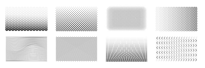 Set of   black and white halftone patterns with geometric dots, lines, grids, and waves. Pixelated grain, backgrounds, posters, packaging, web and print design. Clean and scalable elements.