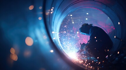Skilled worker welding interior of LNG transport pipe, sparks flying in futuristic energy plant..