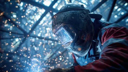 Skilled worker welding interior of LNG transport pipe, sparks flying in futuristic energy plant..