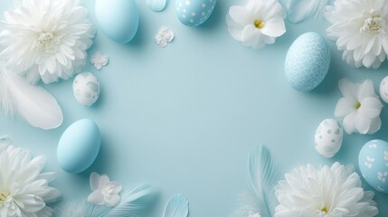 Pastel blue Easter eggs and white flowers arranged on a light blue background.