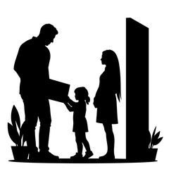 Silhouette of family receiving delivery package at door, home e-commerce shopping