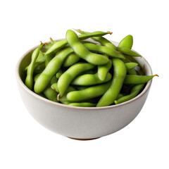 A bowl filled with fresh green edamame pods on a black background in a studio setting close up shot