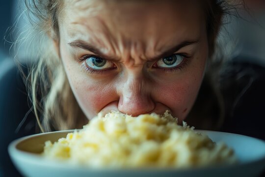 Close-up of tense man with curly hair gritting his teeth and squinting his eyes due to pain, anger, or stress, with a scowling expression