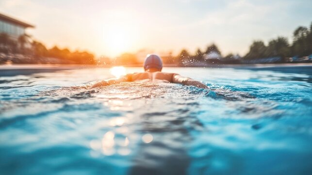 Person swimming laps at sunset
